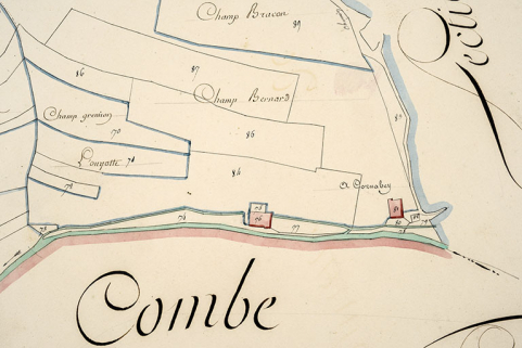 Cadastre de la commune de Montlebon. Atlas parcellaire, 1814, section A 1ère feuille [détail : Cornabey], 1/2 500. © Région Bourgogne-Franche-Comté, Inventaire du patrimoine