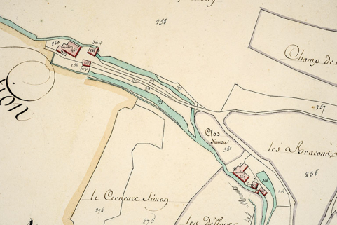 Cadastre de la commune de Montlebon. Atlas parcellaire, 1814, section D 2e feuille [détail : partie nord-ouest de Derrière le Mont], 1/2 500. © Région Bourgogne-Franche-Comté, Inventaire du patrimoine