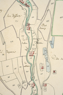 Cadastre de la commune de Montlebon. Atlas parcellaire, 1814, section D 2e feuille [détail : partie centrale de Derrière le Mont], 1/2 500. © Région Bourgogne-Franche-Comté, Inventaire du patrimoine