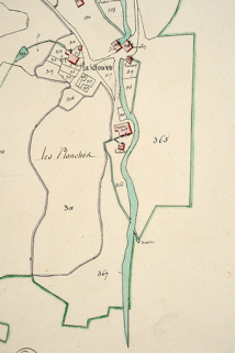 Cadastre de la commune de Montlebon. Atlas parcellaire, 1814, section D 2e feuille [détail : partie sud de Derrière le Mont et source de la Douve], 1/2 500. © Région Bourgogne-Franche-Comté, Inventaire du patrimoine