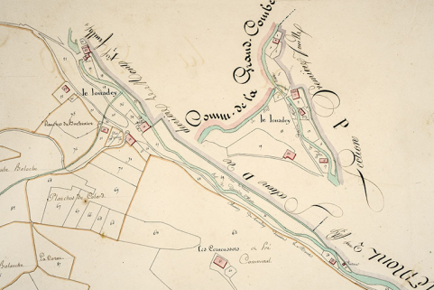Cadastre de la commune de Montlebon. Atlas parcellaire, 1814, section E [détail : partie nord (le Louadey)], 1/2 500. © Région Bourgogne-Franche-Comté, Inventaire du patrimoine