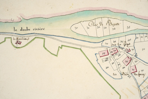 Cadastre de la commune de Grand'Combe-Châteleu. Atlas parcellaire, 1816, section A 4e feuille [détail : le Moulinot et les Bois du Fourg], 1/2 500. © Région Bourgogne-Franche-Comté, Inventaire du patrimoine