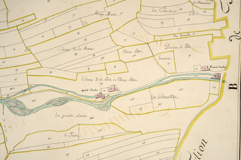 Cadastre de la commune de Grand'Combe-Châteleu. Atlas parcellaire, 1816, section B 1ère feuille [détail : la Grand-Combe], 1/2 500. © Région Bourgogne-Franche-Comté, Inventaire du patrimoine