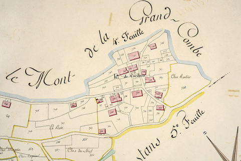 Cadastre de la commune de Grand'Combe-Châteleu. Atlas parcellaire, 1816, section B 4e feuille [détail : hameau des Cordiers], 1/2 500. © Région Bourgogne-Franche-Comté, Inventaire du patrimoine
