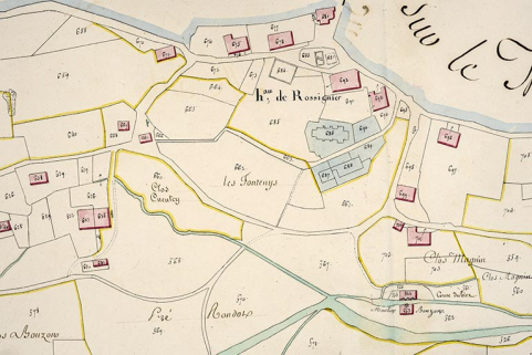 Cadastre de la commune de Grand'Combe-Châteleu. Atlas parcellaire, 1816, section B 4e feuille [détail : hameau de Rossignier], 1/2 500. © Région Bourgogne-Franche-Comté, Inventaire du patrimoine