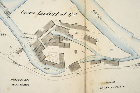 Règlement d'eau des usines dites d'Hauterive ou moulin du Bas [...]. PLan des lieux, 1862. © Région Bourgogne-Franche-Comté, Inventaire du patrimoine