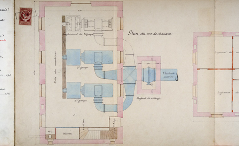 Projet d'exécution des ouvrages hydrauliques. Dessin du bâtiment [...]. Plan du rez-de-chaussée, 1903. © Région Bourgogne-Franche-Comté, Inventaire du patrimoine