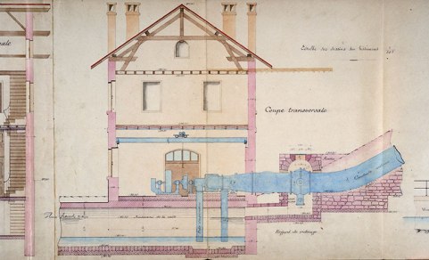 Projet d'exécution des ouvrages hydrauliques. Dessin du bâtiment [...]. Coupe transversale, 1903. © Région Bourgogne-Franche-Comté, Inventaire du patrimoine