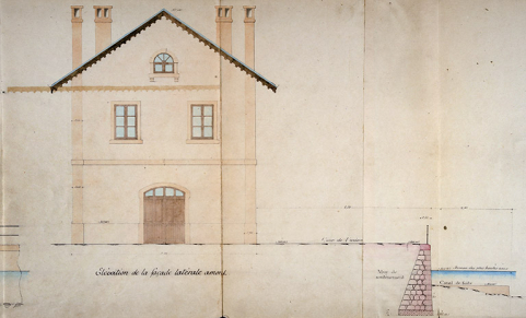 Projet d'exécution des ouvrages hydrauliques. Dessin du bâtiment [...]. Elévation de la façade latérale amont, 1903. © Région Bourgogne-Franche-Comté, Inventaire du patrimoine