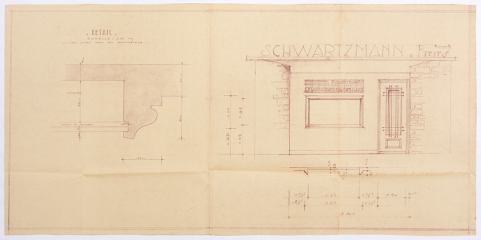 Schwartzmann Frères [détails de l'entrée et de la moulure en béton du tableau d'affichage], 1952. © Région Bourgogne-Franche-Comté, Inventaire du patrimoine