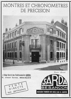 Montres et chronomètres de précision Sarda, encart publicitaire, s.d. [1949]. © Région Bourgogne-Franche-Comté, Inventaire du patrimoine