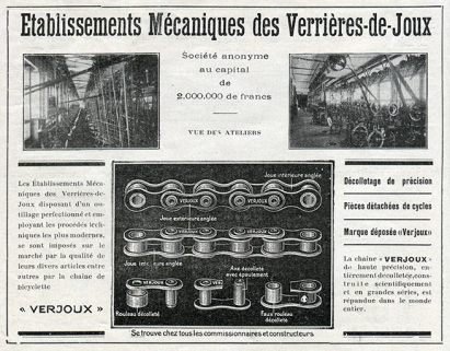 Ets Mécaniques des Verrières-de-Joux, encart publicitaire, s.d. [1923]. © Région Bourgogne-Franche-Comté, Inventaire du patrimoine