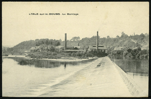 L'Isle-sur-le-Doubs. Le barrage, carte postale, s.d. [fin 19e ou début 20e siècle]. © Région Bourgogne-Franche-Comté, Inventaire du patrimoine