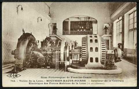 Vallée de la Loue - Mouthier-Haute-Pierrre. Intérieur de la Centrale Electrique des Forces Motrices de la Loue, carte postale, s.d. [début 20e siècle]. © Région Bourgogne-Franche-Comté, Inventaire du patrimoine
