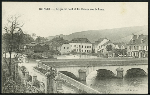 Quingey - Le grand pont et les usines sur la Loue, carte postale, s.d. [fin 19e ou début 20e siècle]. © Région Bourgogne-Franche-Comté, Inventaire du patrimoine