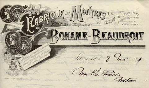 Fabrique de montres Boname-Beaudroit, papier à en-tête, s.d. [1899]. © Région Bourgogne-Franche-Comté, Inventaire du patrimoine