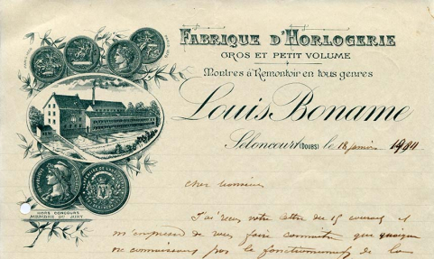 Fabrique d'horlogerie Louis Boname, papier à en-tête, s.d. [1911]. © Région Bourgogne-Franche-Comté, Inventaire du patrimoine
