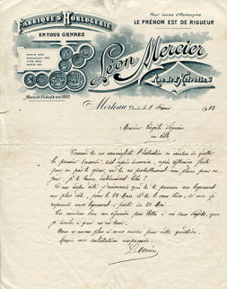 Papier à en-tête de la fabrique d'horlogerie Léon Mercier, 8 février 1912. © Région Bourgogne-Franche-Comté, Inventaire du patrimoine