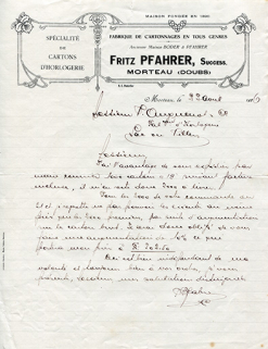 Papier à en-tête de la société Fritz Pfahrer, 29 avril 1926. © Région Bourgogne-Franche-Comté, Inventaire du patrimoine