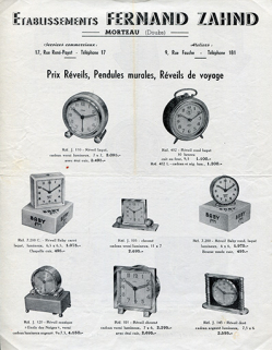 Etablissements Fernand Zahnd. Prix réveils, pendules murales, réveils de voyage [recto], début des années 1950. © Région Bourgogne-Franche-Comté, Inventaire du patrimoine
