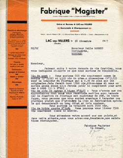 Papier à en-tête de la société Magister, 18 décembre 1947. © Région Bourgogne-Franche-Comté, Inventaire du patrimoine Papier à en-tête de la société Magister, 18 décembre 1947. © Région Bourgogne-Franche-Comté, Inventaire du patrimoine