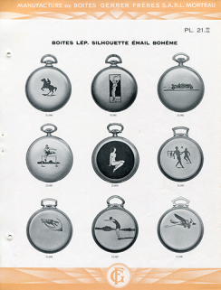 Catalogue de la Manufacture de Boîtes de Montres Gerber Frères, décennies 1920-1930 : pl. 21, boîtes Lép[ines] silhouette émail bohême. © Région Bourgogne-Franche-Comté, Inventaire du patrimoine