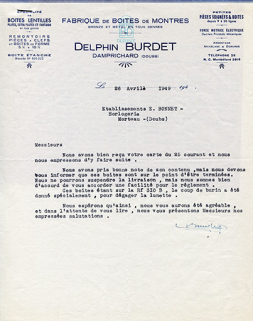 Papier à en-tête de la Fabrique de Boîtes de Montres Delphin Burdet, 26 avril 1949. © Région Bourgogne-Franche-Comté, Inventaire du patrimoine