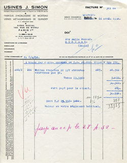 Facture à en-tête des Usines J. Simon, 11 avril 1952. © Région Bourgogne-Franche-Comté, Inventaire du patrimoine