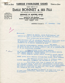 Papier à en-tête de la Sarl Emile Bonnet et ses Fils, 11 décembre 1958. © Région Bourgogne-Franche-Comté, Inventaire du patrimoine