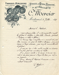 Papier à en-tête de la fabrique d'horlogerie Charles Mercier, 5 juillet 1899. © Région Bourgogne-Franche-Comté, Inventaire du patrimoine