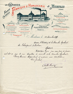 Papier à en-tête de la Grande Fabrique d'Horlogerie de Morteau, 22 novembre 1899. © Région Bourgogne-Franche-Comté, Inventaire du patrimoine