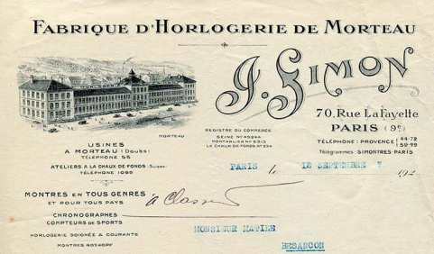 Papier à en-tête de la Fabrique d'Horlogerie de Morteau J. Simon [détail], 12 septembre 1927. © Région Bourgogne-Franche-Comté, Inventaire du patrimoine