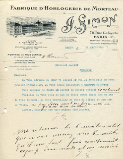Papier à en-tête de la Fabrique d'Horlogerie de Morteau J. Simon, 12 septembre 1927. © Région Bourgogne-Franche-Comté, Inventaire du patrimoine