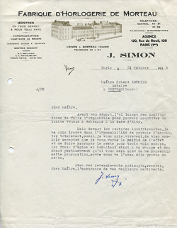 Papier à en-tête de la Fabrique d'Horlogerie de Morteau J. Simon, 21 octobre 1936. © Région Bourgogne-Franche-Comté, Inventaire du patrimoine
