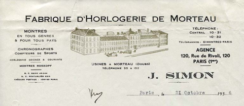 Papier à en-tête de la Fabrique d'Horlogerie de Morteau J. Simon [détail], 21 octobre 1936. © Région Bourgogne-Franche-Comté, Inventaire du patrimoine