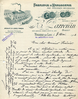 Papier à en-tête d'Hippolyte Parrenin, 8 mai 1903. © Région Bourgogne-Franche-Comté, Inventaire du patrimoine Papier à en-tête d'Hippolyte Parrenin, 8 mai 1903. © Région Bourgogne-Franche-Comté, Inventaire du patrimoine