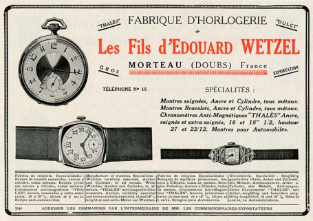 Fabrique d'Horlogerie Les Fils d'Edouard Wetzel [publicité], 1ère moitié 20e siècle. © Région Bourgogne-Franche-Comté, Inventaire du patrimoine