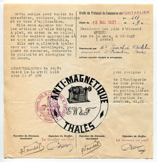 Renouvellement de la marque Anti-magnétique Thalès, 18 mai 1931. © Région Bourgogne-Franche-Comté, Inventaire du patrimoine Renouvellement de la marque Anti-magnétique Thalès, 18 mai 1931. © Région Bourgogne-Franche-Comté, Inventaire du patrimoine