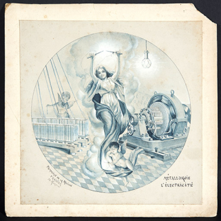 Modèle de décor pour boîte de montre : Métallurgie. L'électricité, décennie 1890 ? © Région Bourgogne-Franche-Comté, Inventaire du patrimoine Modèle de décor pour boîte de montre : Métallurgie. L'électricité, décennie 1890 ? © Région Bourgogne-Franche-Comté, Inventaire du patrimoine