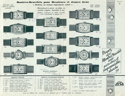 Montres-bracelets pour messieurs et jeunes gens, catalogue, planche 18, s.d. [2e quart 20e siècle]. © Région Bourgogne-Franche-Comté, Inventaire du patrimoine