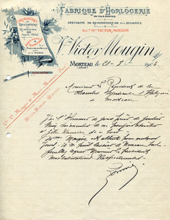 Papier à en-tête de la fabrique d'horlogerie Vve Victor Mougin (Vve V. Mougin et Marc Monnier successeurs), 21 août 1903. © Région Bourgogne-Franche-Comté, Inventaire du patrimoine