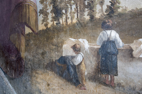 Départ de la 1ère volée (à droite) : femme et enfants au lavoir (détail). © Région Bourgogne-Franche-Comté, Inventaire du patrimoine