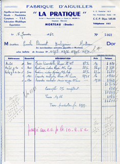 Facture à en-tête de la fabrique d'aiguilles La Pratique, 25 janvier 1952. © Région Bourgogne-Franche-Comté, Inventaire du patrimoine Facture à en-tête de la fabrique d'aiguilles La Pratique, 25 janvier 1952. © Région Bourgogne-Franche-Comté, Inventaire du patrimoine