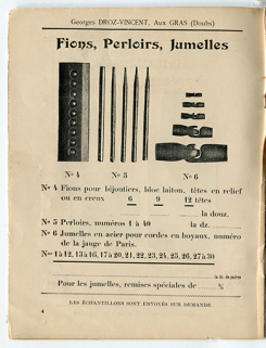 Fions, perloirs, jumelles [extrait d'un catalogue, p. 4], 1er quart 20e siècle. © Région Bourgogne-Franche-Comté, Inventaire du patrimoine