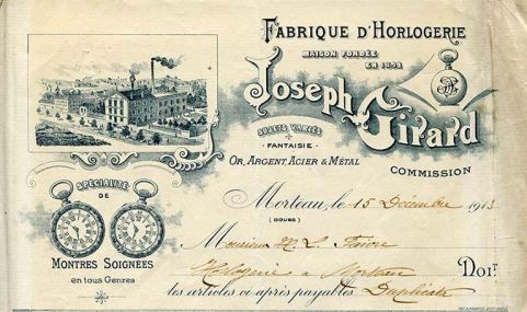 Papier à en-tête de la fabrique d'horlogerie Joseph Girard, 15 décembre 1913. © Région Bourgogne-Franche-Comté, Inventaire du patrimoine