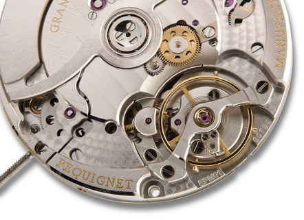 Face côté fond : balancier-spiral et inscriptions. © Région Bourgogne-Franche-Comté, Inventaire du patrimoine