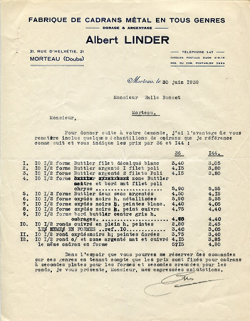 Papier à en-tête de la fabrique de cadrans Albert Linder, 30 juin 1939. © Région Bourgogne-Franche-Comté, Inventaire du patrimoine
