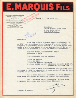 Papier à en-tête de la fabrique d'horlogerie E. Marquis Fils, 14 juin 1951. © Région Bourgogne-Franche-Comté, Inventaire du patrimoine