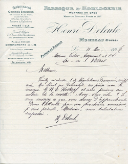Papier à en-tête de la Fabrique d'Horlogerie Henri Deleule, 31 mai 1926. © Région Bourgogne-Franche-Comté, Inventaire du patrimoine