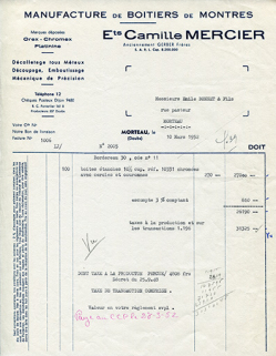 Papier à en-tête de la Manufacture de Boîtiers de Montres des Ets Camille Mercier, 10 mars 1952. © Région Bourgogne-Franche-Comté, Inventaire du patrimoine Papier à en-tête de la Manufacture de Boîtiers de Montres des Ets Camille Mercier, 10 mars 1952. © Région Bourgogne-Franche-Comté, Inventaire du patrimoine